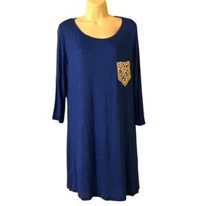 Blue Lightweight Knit Dress Woman Size XL Lace Pocket Pullover